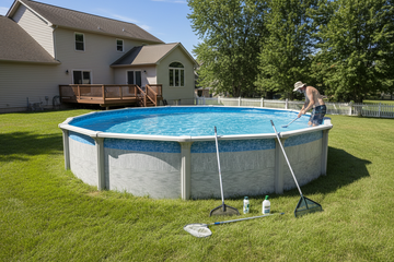 Above-ground pool with a clean vinyl liner and clear water