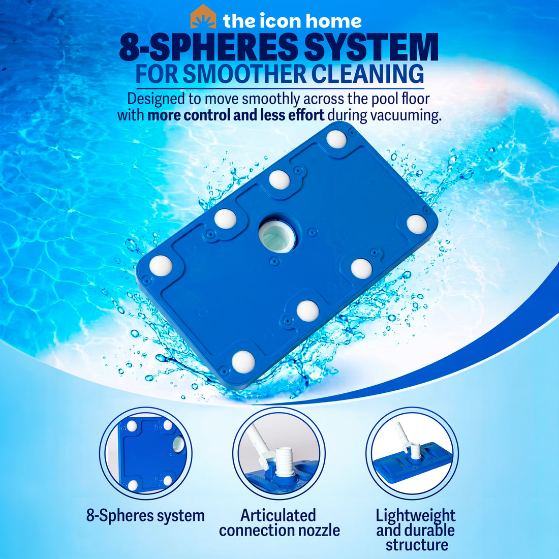 Pool Vacuum Head with 8-Sphere Glide System – Brustec Weighted Vac Head for Concrete & Masonry Pools