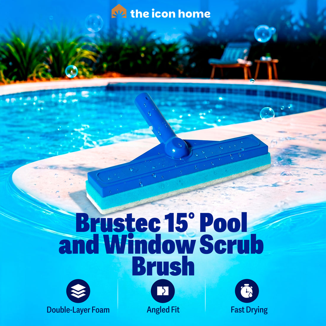 Pool & Deck Foam Squeegee Scrub Brush – Brustec 15° Angled Tile, Waterline & Wet-Area Cleaner (Universal Pole Fit)