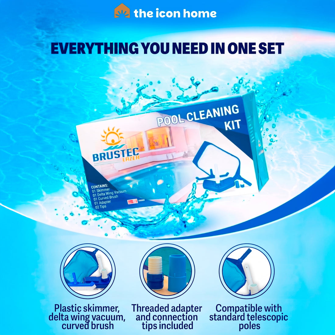 Cleaning Accessories Set – Brustec Set with Skimmer Net, Delta Wing Vacuum Head & Curved Brush (Inground & Above Ground)