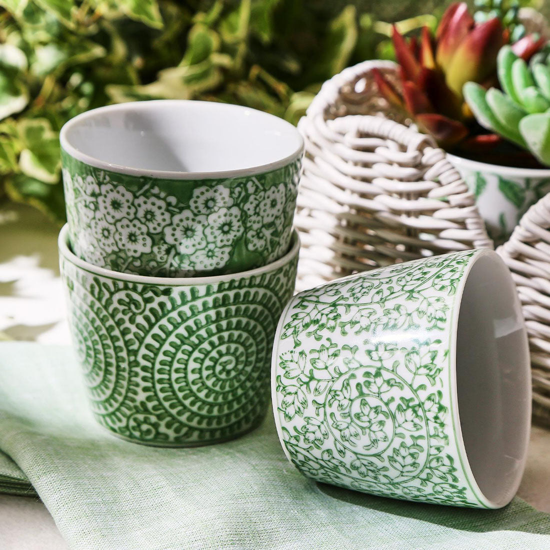 Mini Green Porcelain Cachepots Set Of 6 Hand-Painted Decorative Planters